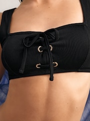 Reiss Black Dee Ribbed Lace-Up Bikini Top - Image 1 of 5