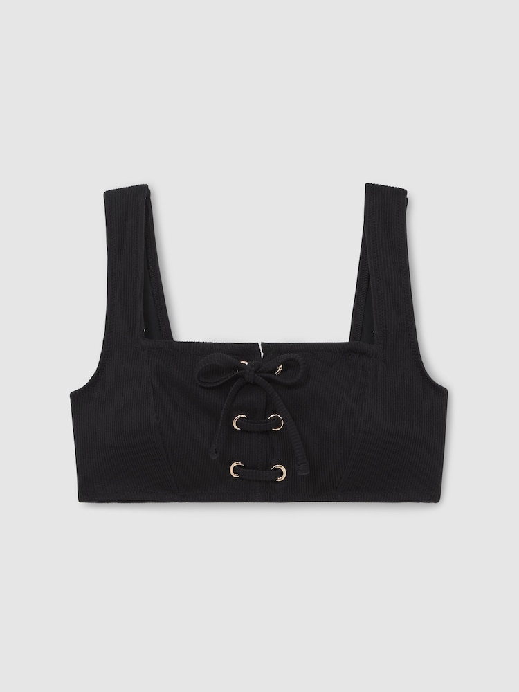 Reiss Black Dee Ribbed Lace-Up Bikini Top - Image 2 of 5