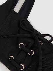 Reiss Black Dee Ribbed Lace-Up Bikini Top - Image 5 of 5
