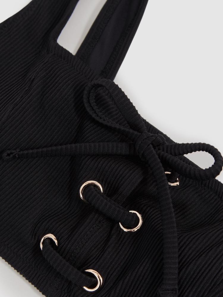 Reiss Black Dee Ribbed Lace-Up Bikini Top - Image 5 of 5