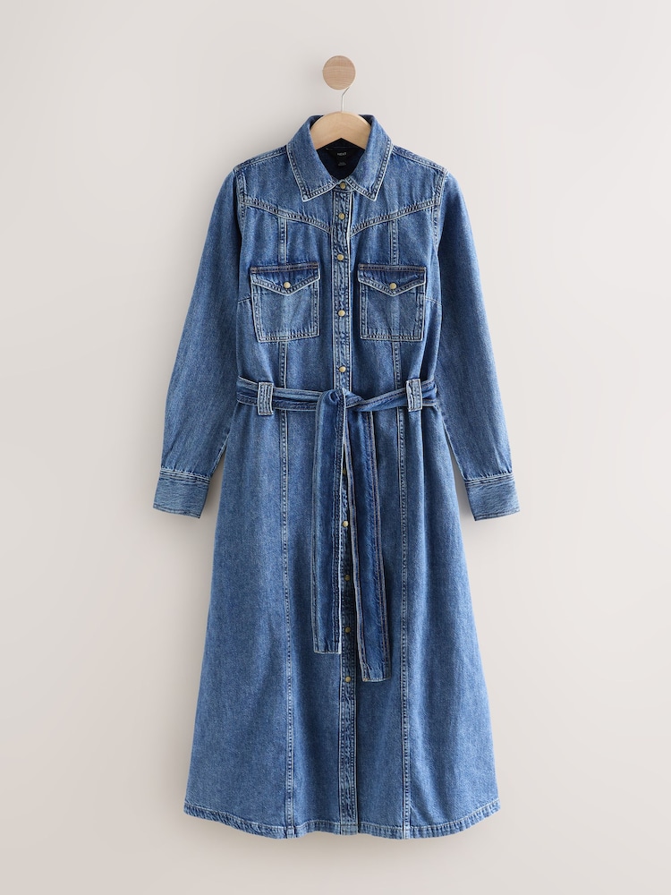Womens Next Mid Blue Fuller Bust Denim Midi Shirt Dress US 2