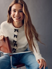 Ecru Bows Crew Neck Knitted Cardigan - Image 1 of 6