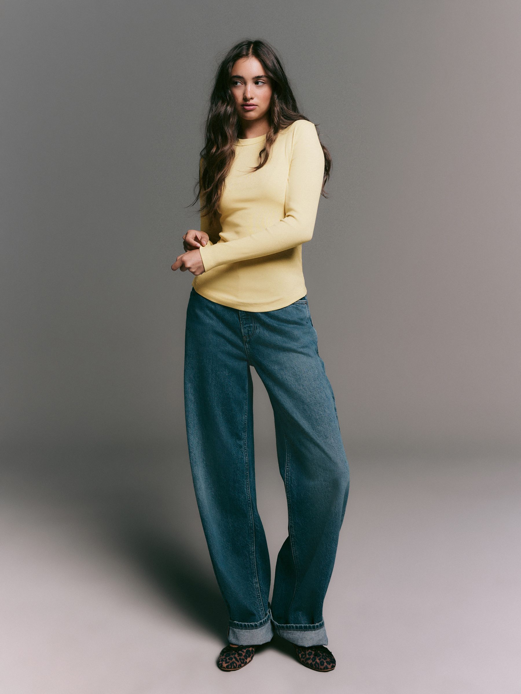 Buy Butter Yellow Long Sleeve Ribbed Crew Neck Top from Next India