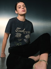 Charcoal Grey Christmas Martini Sparkle Graphic Crew Neck T-Shirt - Image 1 of 7