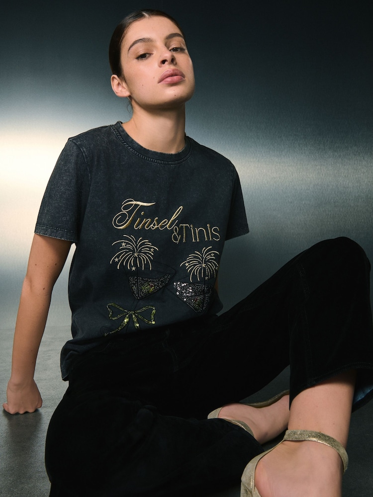 Charcoal Grey Christmas Martini Sparkle Graphic Crew Neck T-Shirt - Image 1 of 7 Charcoal Grey Christmas Martini Sparkle Graphic Crew Neck T-Shirt - Image 1 of 7