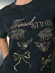 Charcoal Grey Christmas Martini Sparkle Graphic Crew Neck T-Shirt - Image 4 of 7