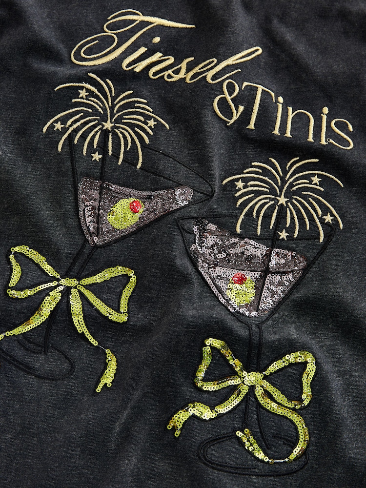 Charcoal Grey Christmas Martini Sparkle Graphic Crew Neck T-Shirt - Image 7 of 7 Charcoal Grey Christmas Martini Sparkle Graphic Crew Neck T-Shirt - Image 7 of 7