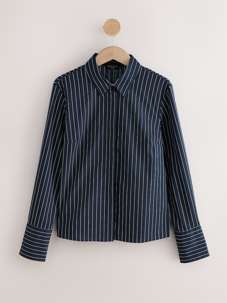 Navy Stripe Fitted Stretch Essential Long Sleeve Shirt - Image 1 of 3 Navy Stripe Fitted Stretch Essential Long Sleeve Shirt - Image 1 of 3