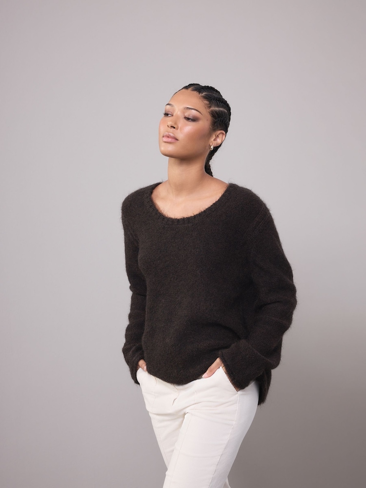 Chocolate Brown Scoop Neck Jumper With Wool - Image 1 of 7 Chocolate Brown Scoop Neck Jumper With Wool - Image 1 of 7