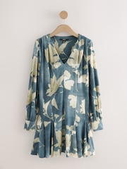 Floral azul-claro e Ecru - Vestido mini de manga comprida evasê - Imagem 1 de 3