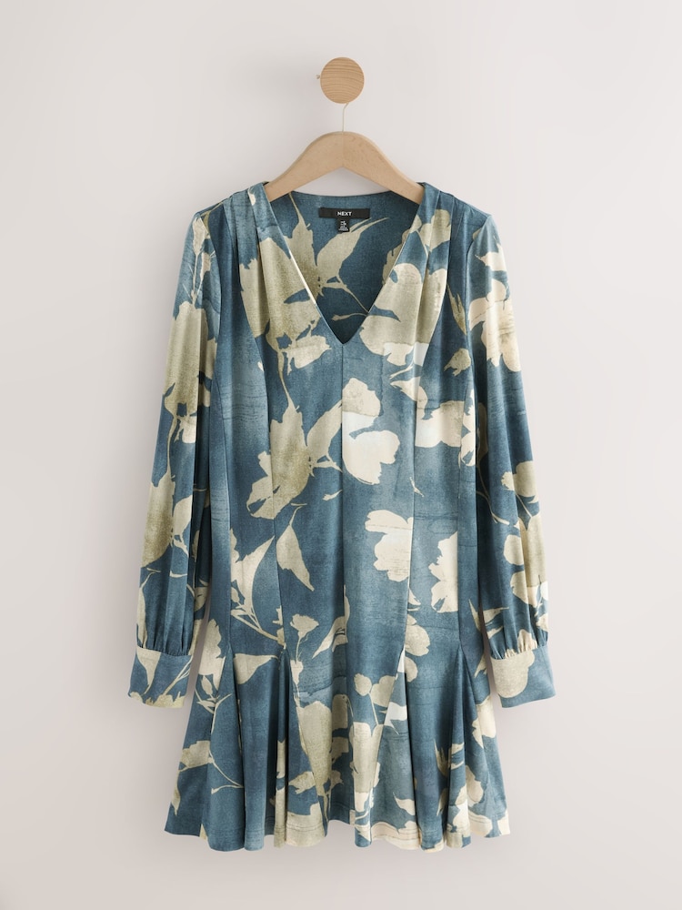 Floral azul-claro e Ecru - Vestido mini de manga comprida evasê - Imagem 1 de 3