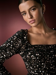 Black/Gold Square Neck Flippy Mini Sequin Dress - Image 5 of 9