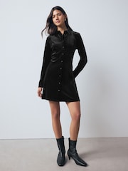 Black Velvet Long Sleeve Button Up Long Sleeve Mini Shirt Dress - Image 1 of 7