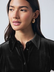 Black Velvet Long Sleeve Button Up Long Sleeve Mini Shirt Dress - Image 4 of 7