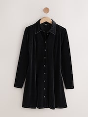 Black Velvet Long Sleeve Button Up Long Sleeve Mini Shirt Dress - Image 5 of 7