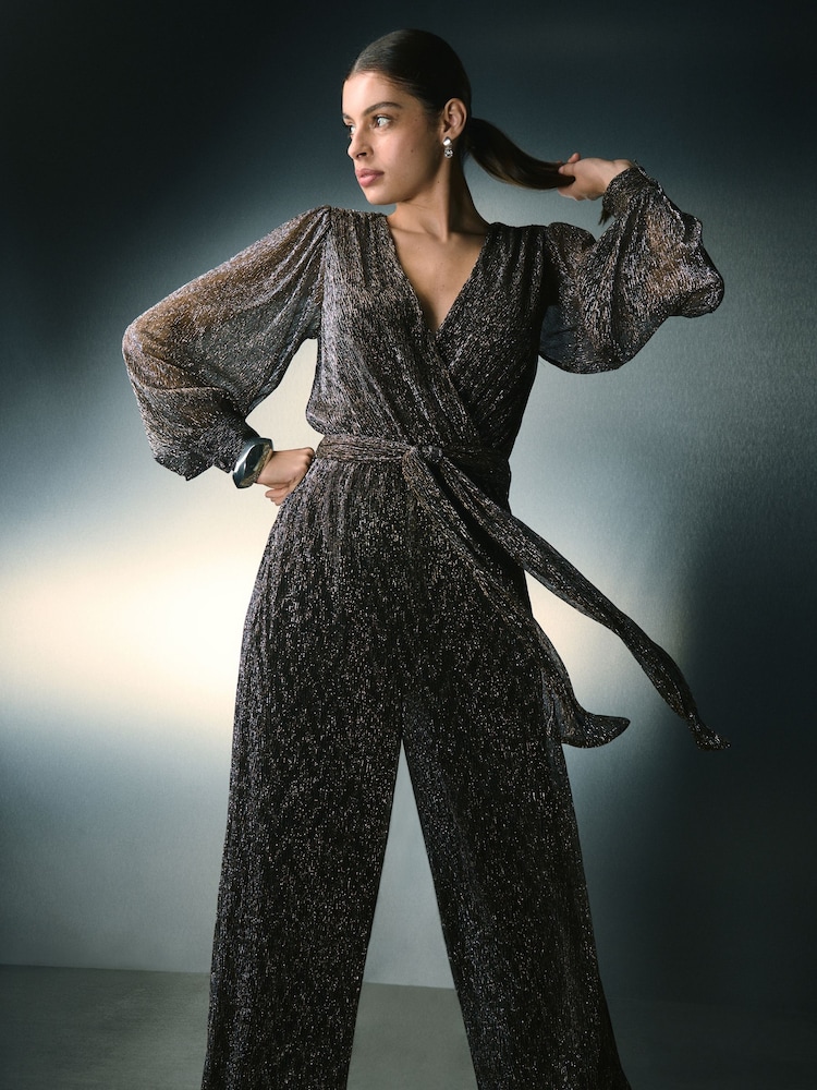 Gold Sparkle Plisse Tie-Waist Wrap Jumpsuit - Image 1 of 8