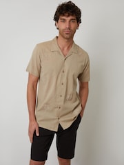 Threadbare Natural Linen Blend Palm Embroidered Short Sleeve Shirt - Image 1 of 5