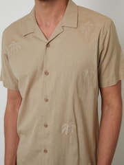 Threadbare Natural Linen Blend Palm Embroidered Short Sleeve Shirt - Image 4 of 5