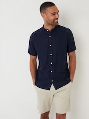 Threadbare Navy Grandad Collar Linen Blend Short Sleeve Shirt - Image 1 of 4
