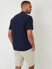 Threadbare Navy Grandad Collar Linen Blend Short Sleeve Shirt - Image 2 of 4