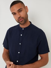 Threadbare Navy Grandad Collar Linen Blend Short Sleeve Shirt - Image 4 of 4