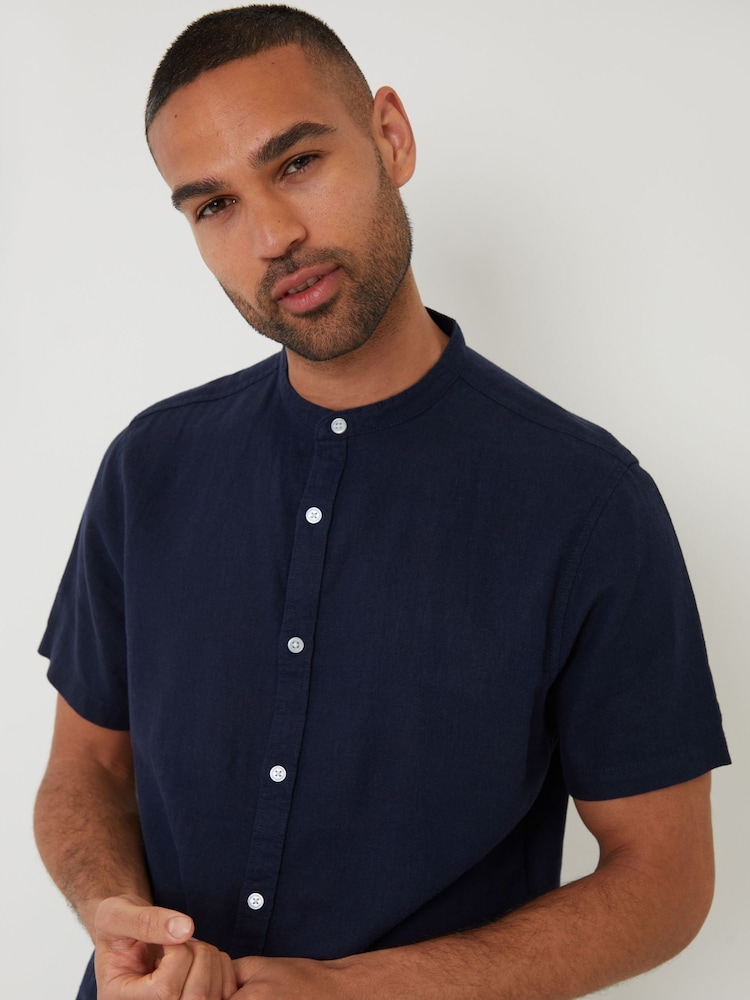 Threadbare Navy Grandad Collar Linen Blend Short Sleeve Shirt - Image 4 of 4