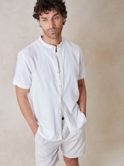 Threadbare White Grandad Collar Linen Blend Short Sleeve Shirt - Image 1 of 5