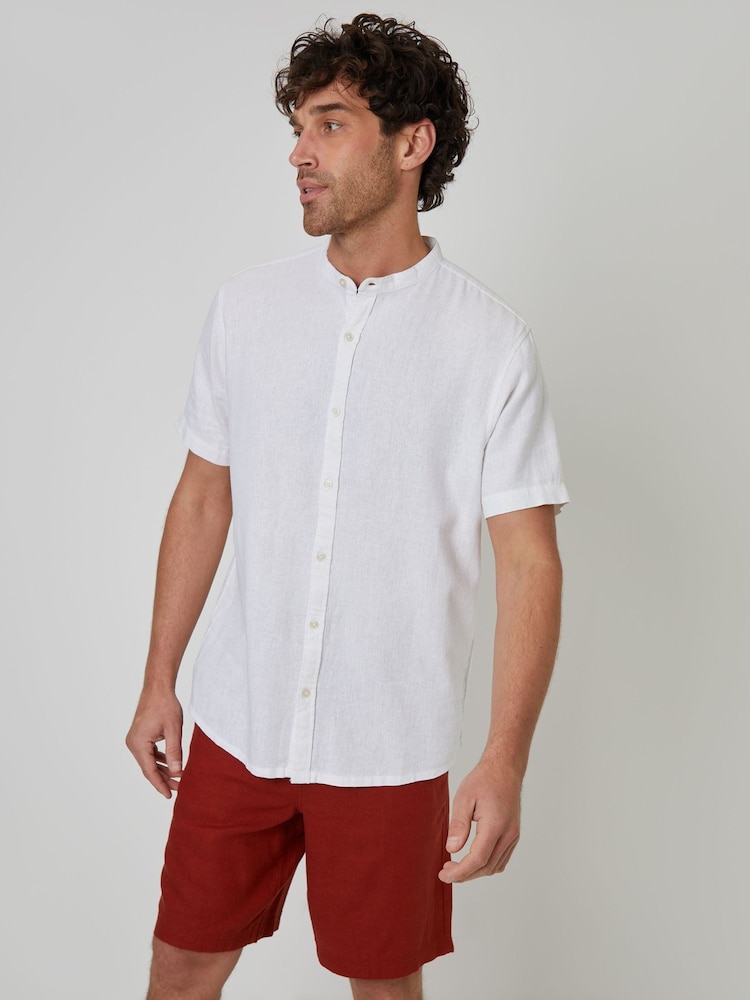 Threadbare White Grandad Collar Linen Blend Short Sleeve Shirt - Image 1 of 5