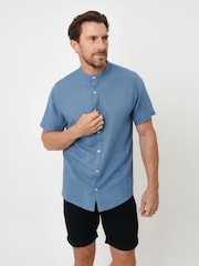 Threadbare Light Blue Grandad Collar Linen Blend Short Sleeve Shirt - Image 1 of 4