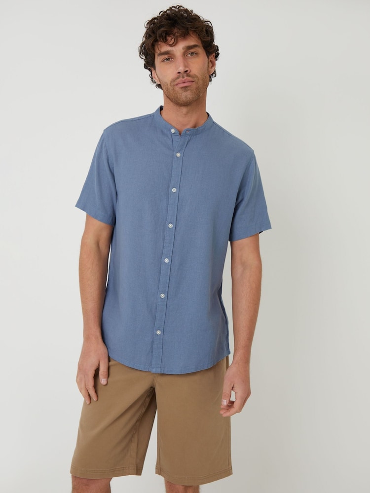 Threadbare Light Blue Grandad Collar Linen Blend Short Sleeve Shirt - Image 1 of 4 Threadbare Light Blue Grandad Collar Linen Blend Short Sleeve Shirt - Image 1 of 4