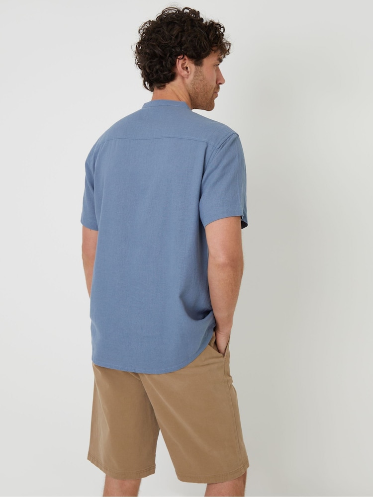 Threadbare Light Blue Grandad Collar Linen Blend Short Sleeve Shirt - Image 2 of 4