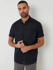 Zwart - Threadbare - Overhemd van linnenmix met korte mouwen - Image 1 of 4