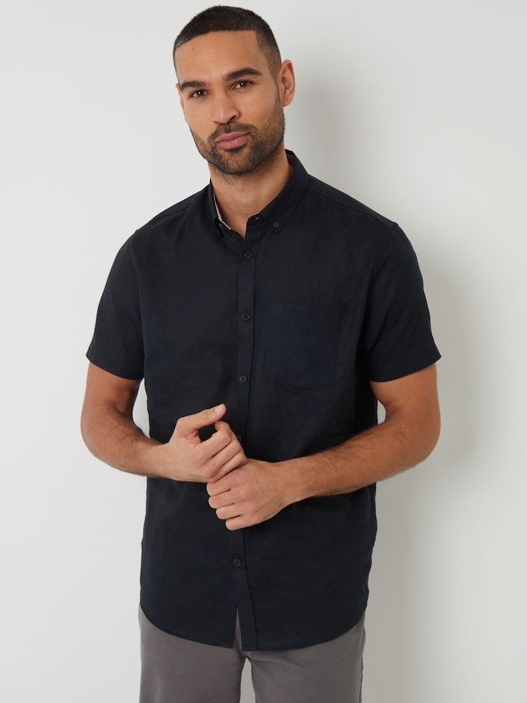 Zwart - Threadbare - Overhemd van linnenmix met korte mouwen - Image 1 of 4
