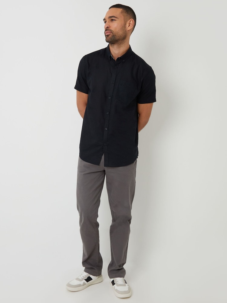 Zwart - Threadbare - Overhemd van linnenmix met korte mouwen - Image 3 of 4