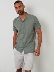 Threadbare Green Linen Blend Palm Embroidered Short Sleeve Shirt - Image 1 of 5