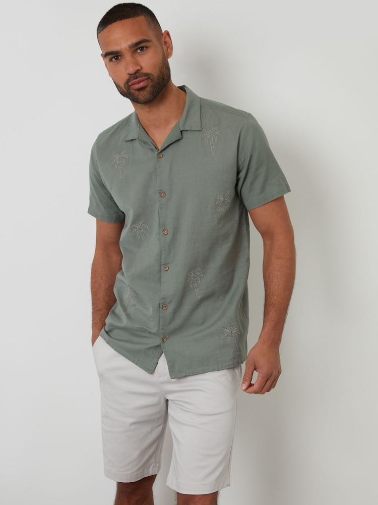 Threadbare Green Linen Blend Palm Embroidered Short Sleeve Shirt - Image 1 of 5