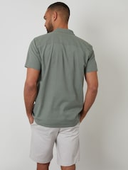 Threadbare Green Linen Blend Palm Embroidered Short Sleeve Shirt - Image 2 of 5