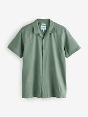 Threadbare Green Linen Blend Palm Embroidered Short Sleeve Shirt - Image 5 of 5