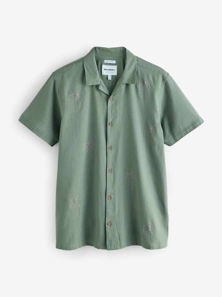 Threadbare Green Linen Blend Palm Embroidered Short Sleeve Shirt - Image 5 of 5