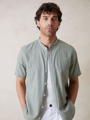 Threadbare Green Grandad Collar Linen Blend Short Sleeve Shirt - Image 1 of 2