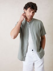 Threadbare Green Grandad Collar Linen Blend Short Sleeve Shirt - Image 2 of 2