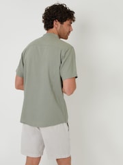 Threadbare Green Grandad Collar Linen Blend Short Sleeve Shirt - Image 3 of 5