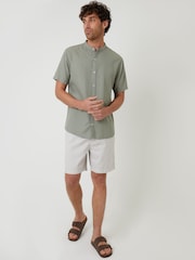 Threadbare Green Grandad Collar Linen Blend Short Sleeve Shirt - Image 4 of 5