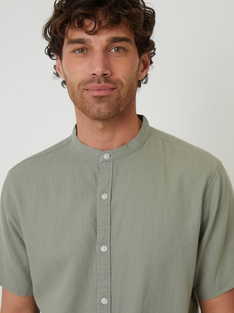 Threadbare Green Grandad Collar Linen Blend Short Sleeve Shirt - Image 5 of 5