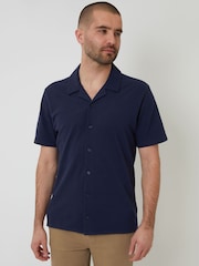 Threadbare Blue Jersey Pique Revere Collar Short Sleeve 100% Cotton Shirt - Image 1 of 4