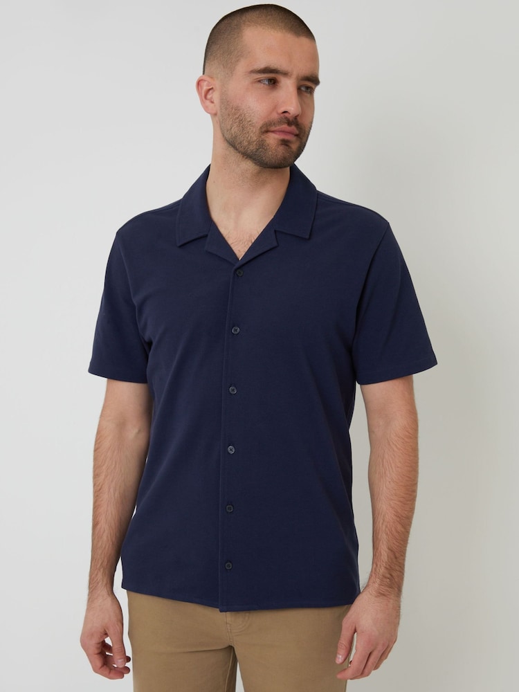 Threadbare Blue Jersey Pique Revere Collar Short Sleeve 100% Cotton Shirt - Image 1 of 4