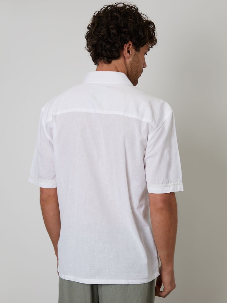 Threadbare White Relaxed Fit Linen Blend Lace Trim Shirt - Image 2 of 4