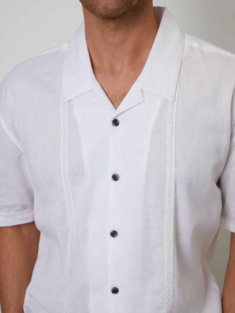 Threadbare White Relaxed Fit Linen Blend Lace Trim Shirt - Image 4 of 4