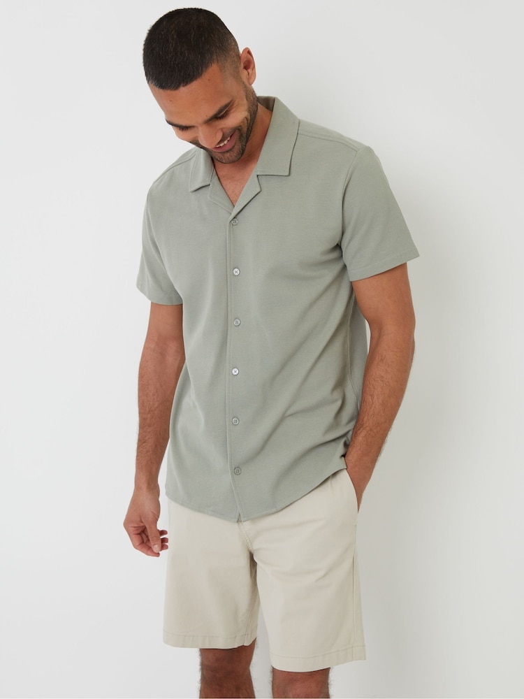 Threadbare Green Jersey Pique Cuban Collar Short Sleeve 100% Cotton Shirt - Image 1 of 5 Threadbare Green Jersey Pique Cuban Collar Short Sleeve 100% Cotton Shirt - Image 1 of 5