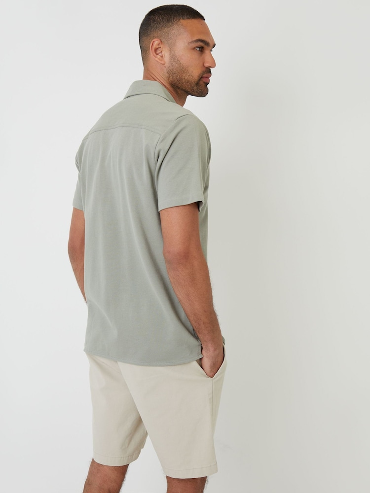 Threadbare Green Jersey Pique Revere Collar Short Sleeve 100% Cotton Shirt - Image 3 of 5